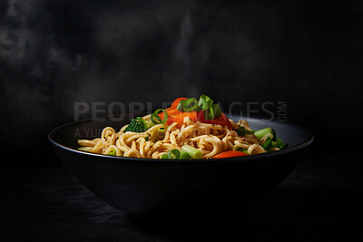 Buy stock photo Food, catering and health with stir fry noodles on table for restaurant, fine dining and hospitality. Ai generated nutrition, diet and cooking with Chinese cuisine on background for meal and dinner