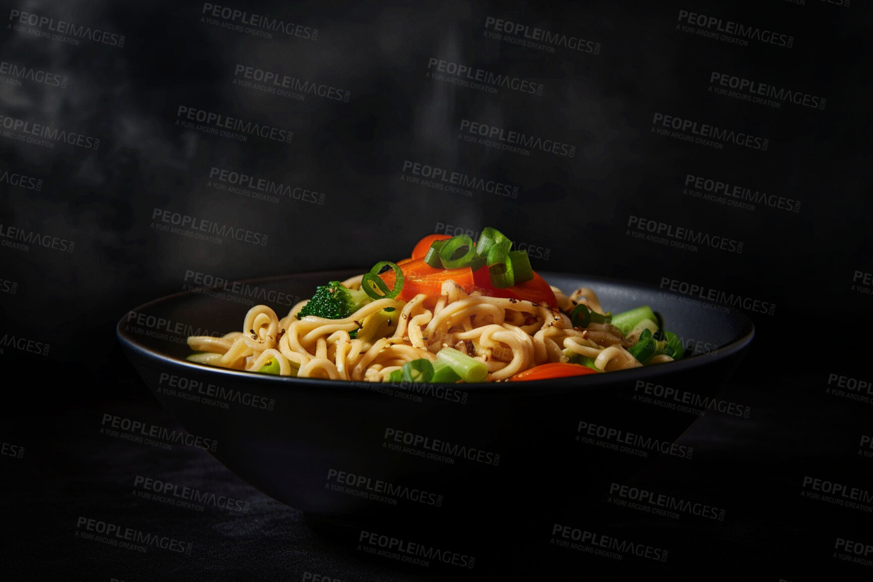 Buy stock photo Food, catering and health with stir fry noodles on table for restaurant, fine dining and hospitality. Ai generated nutrition, diet and cooking with Chinese cuisine on background for meal and dinner