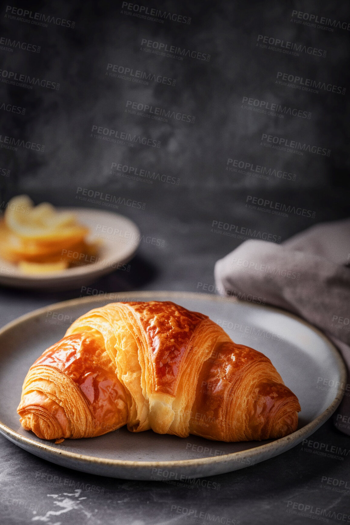 Buy stock photo Food, catering and dessert with croissant on table for restaurant, bakery and hospitality. Ai generated pastry, cafe and cooking with French cuisine on studio background for kitchen and coffee shop