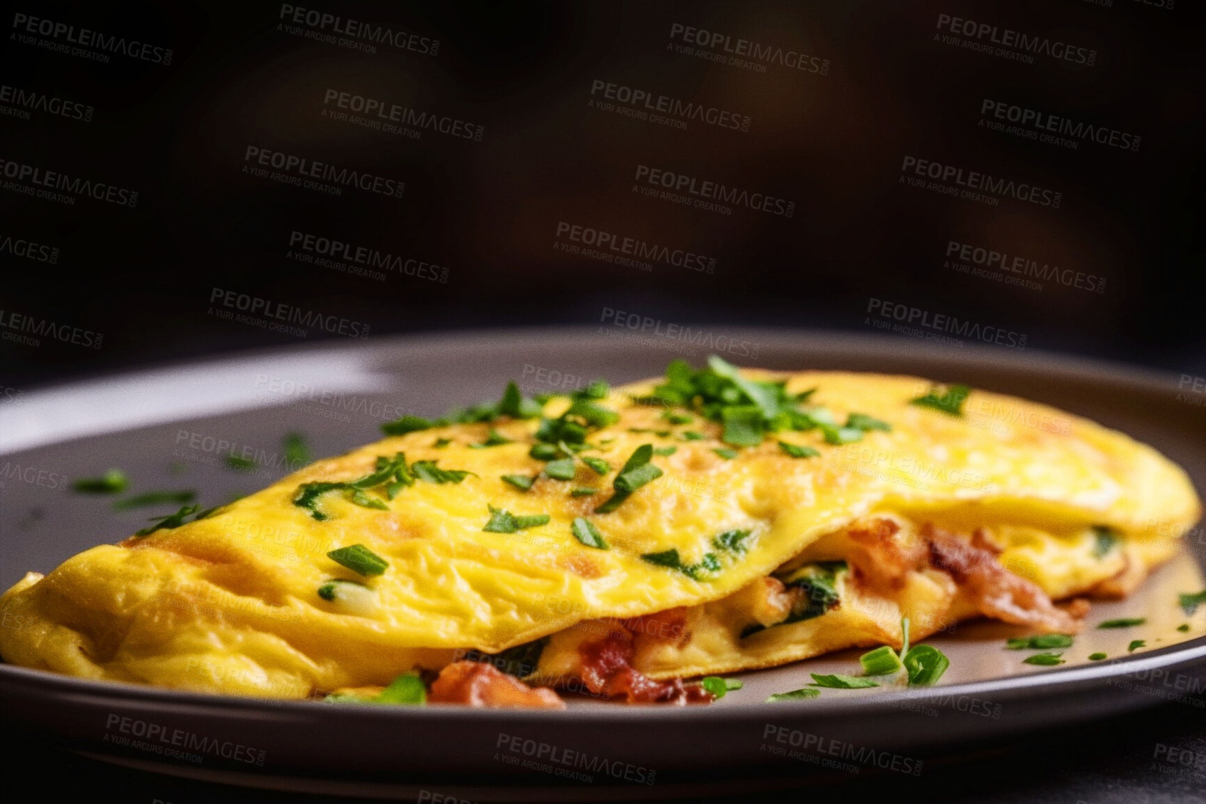 Buy stock photo Food, catering and bacon and cheese omelette on table for restaurant, cafe and hospitality. Ai generated nutrition, diet and cooking with french cuisine on background for egg, kitchen and coffee shop