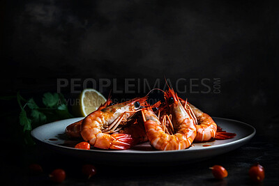 Food, catering and health with prawn on table for restaurant, fine dining and hospitality. Ai generated nutrition, diet and cooking with seafood cuisine on background for wellness, kitchen and dinner