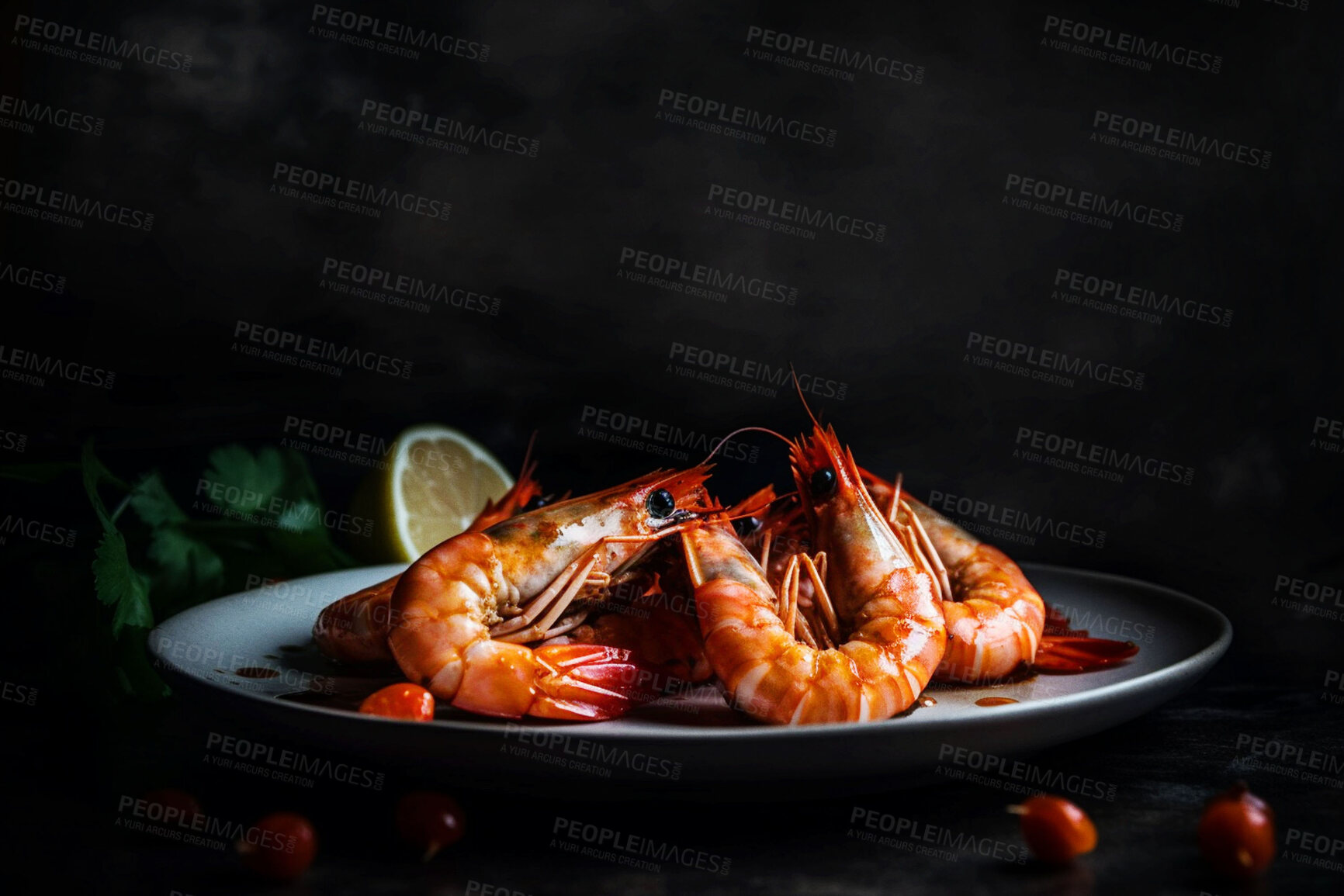 Buy stock photo Food, catering and health with prawn on table for restaurant, fine dining and hospitality. Ai generated nutrition, diet and cooking with seafood cuisine on background for wellness, kitchen and dinner