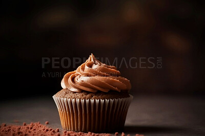 Buy stock photo Food, catering and chocolate chip cupcake on table for restaurant, bakery or hospitality. Ai generated dessert, cafe and cooking with American cuisine on studio background for kitchen or coffee shop