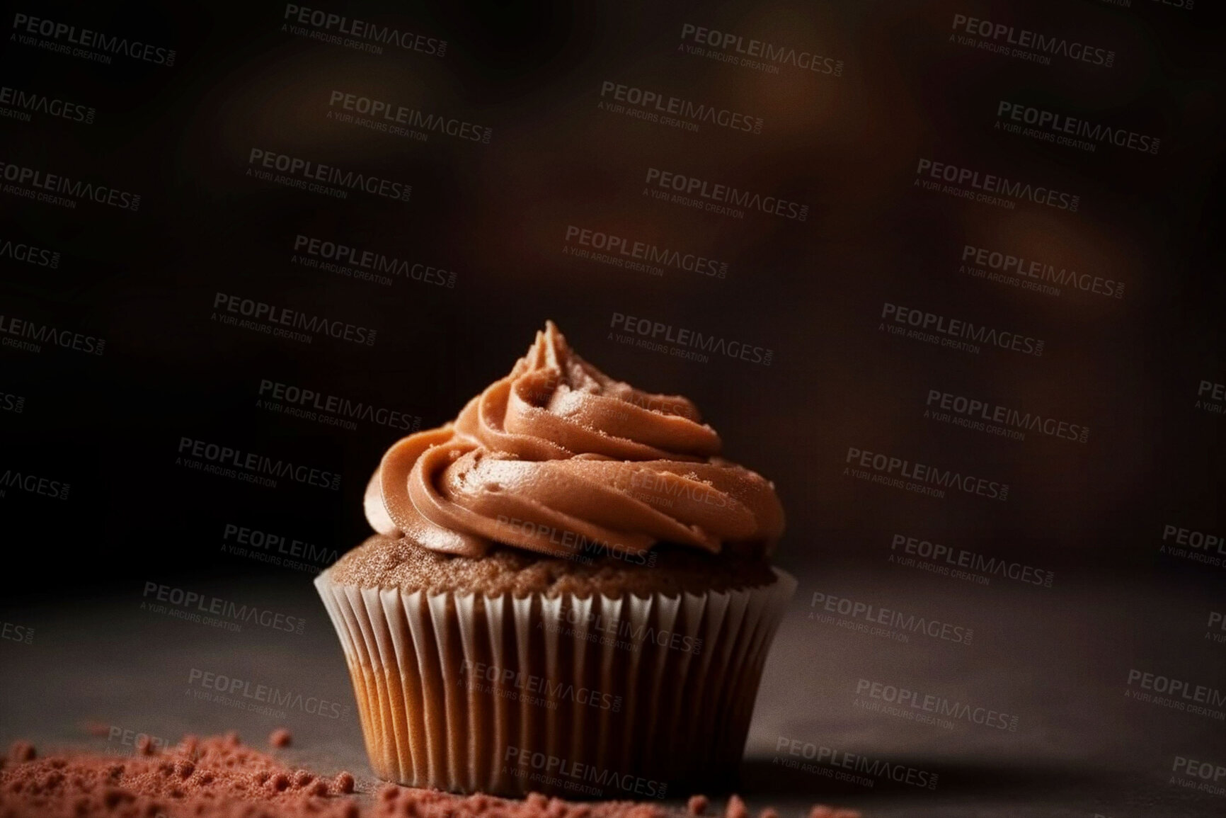 Buy stock photo Food, catering and chocolate chip cupcake on table for restaurant, bakery or hospitality. Ai generated dessert, cafe and cooking with American cuisine on studio background for kitchen or coffee shop