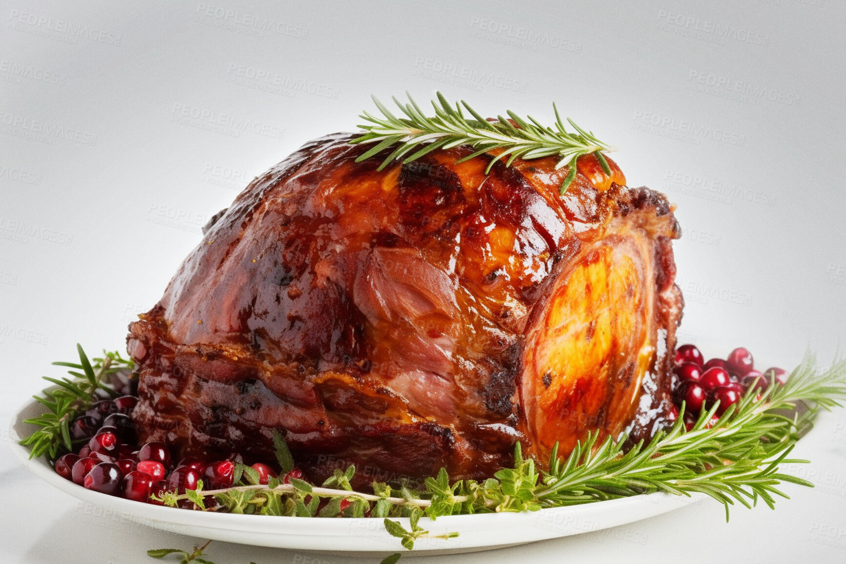 Buy stock photo Food, catering and health with Christmas ham in studio for restaurant, festive and hospitality. Ai generated nutrition, diet and cooking with cuisine on white background for meat, kitchen and holiday