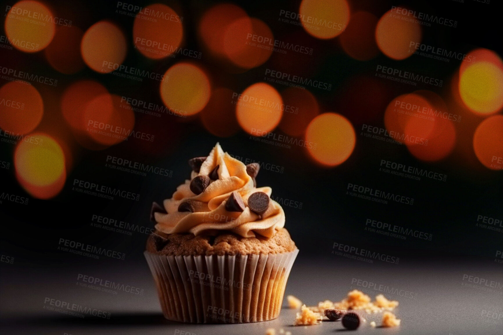 Buy stock photo Food, catering and dessert with cupcake on table for restaurant, bakery and hospitality. Ai generated chocolate chip, cafe and cooking with American cuisine on background for kitchen and coffee shop