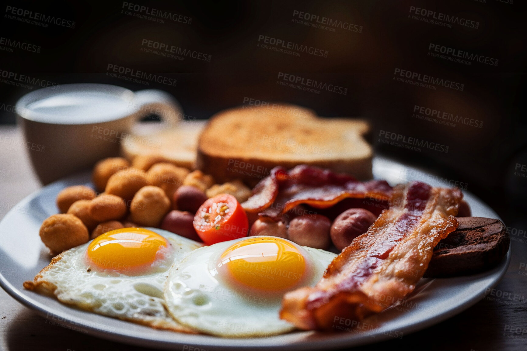 Buy stock photo Food, catering and health with English breakfast on table for restaurant, cafe or hospitality. Ai generated nutrition, diet or cooking of British cuisine on background for egg, kitchen or coffee shop