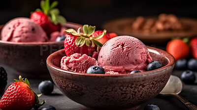 Buy stock photo Dairy, summer and fruit with sorbet on table for sugar, wellness and diet. Ai generated, sweets and cafe snack with confectionery ice cream on background for gelato, food and dessert