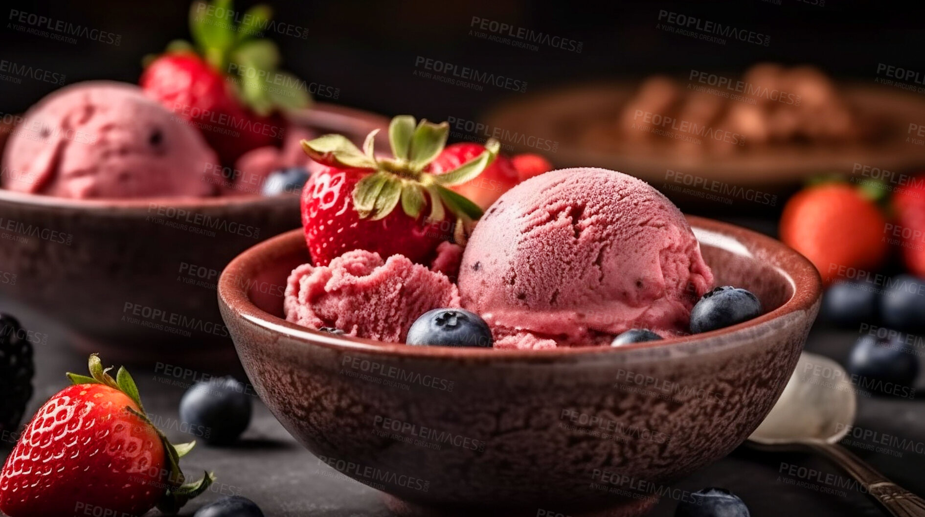 Buy stock photo Dairy, summer and fruit with sorbet on table for sugar, wellness and diet. Ai generated, sweets and cafe snack with confectionery ice cream on background for gelato, food and dessert