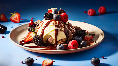Nutrition, summer and chocolate with ice cream on table for fruit, wellness and diet. Ai generated, sweets and cafe snack with confectionery sorbet on background for gelato, food and dessert