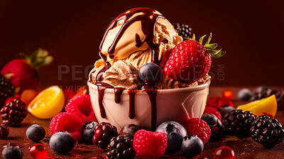 Buy stock photo Dairy, summer and treat with gelato on table for sugar, wellness and diet. Ai generated, sweets and cafe snack with confectionery ice cream on background for ice cream, food and dessert