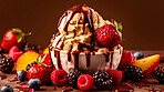 Fruit, summer and chocolate with ice cream on table for nutrition, wellness and diet. Ai generated, sweets and cafe snack with confectionery sorbet on background for gelato, health and dessert