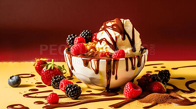 Berries, summer and chocolate with ice cream on table for nutrition, wellness and diet. Ai generated, sweets and cafe snack with confectionery sorbet on background for gelato, food and dessert
