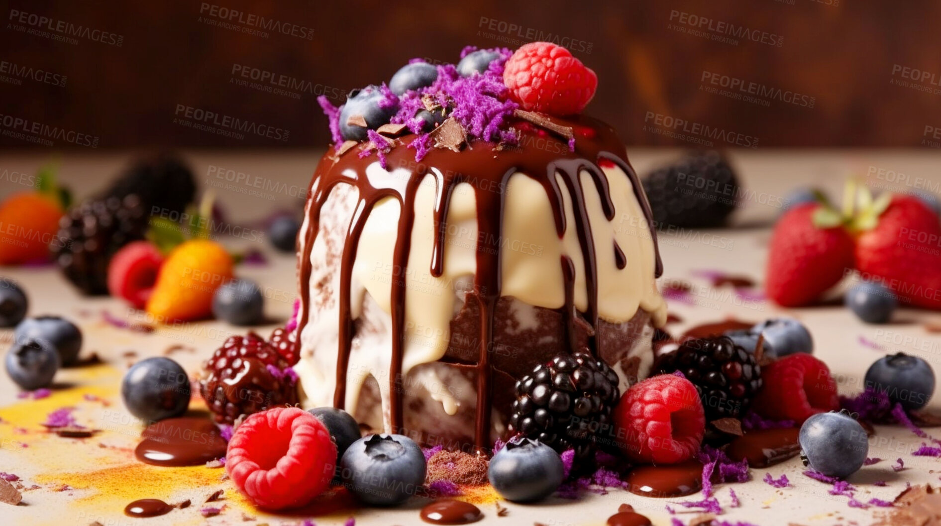 Buy stock photo Food, summer and chocolate with ice cream on table for nutrition, wellness and diet. Ai generated, sweets and cafe snack with confectionery sorbet on background for gelato, health and dessert