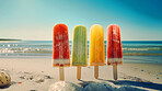 Food, fruits and nutrition with popsicle at beach for sugary dessert, wellness and diet. Ai generated, gelato and snack with confectionery sorbet on at seaside for eating, health and summer