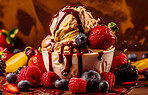 Summer, dessert and closeup with ice cream on table for nutrition, wellness and diet. Ai generated, sweets and cafe snack with confectionery sorbet on background for gelato, health and food