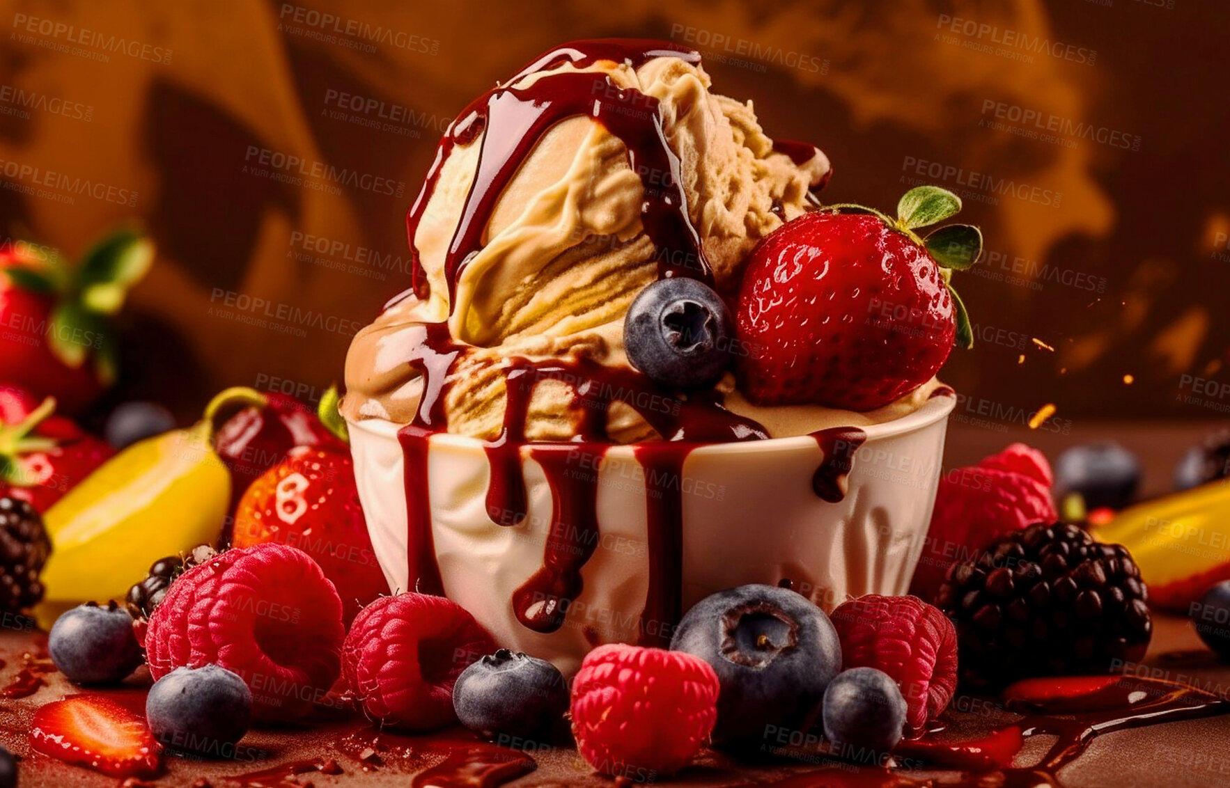 Buy stock photo Summer, dessert and closeup with ice cream on table for nutrition, wellness and diet. Ai generated, sweets and cafe snack with confectionery sorbet on background for gelato, health and food