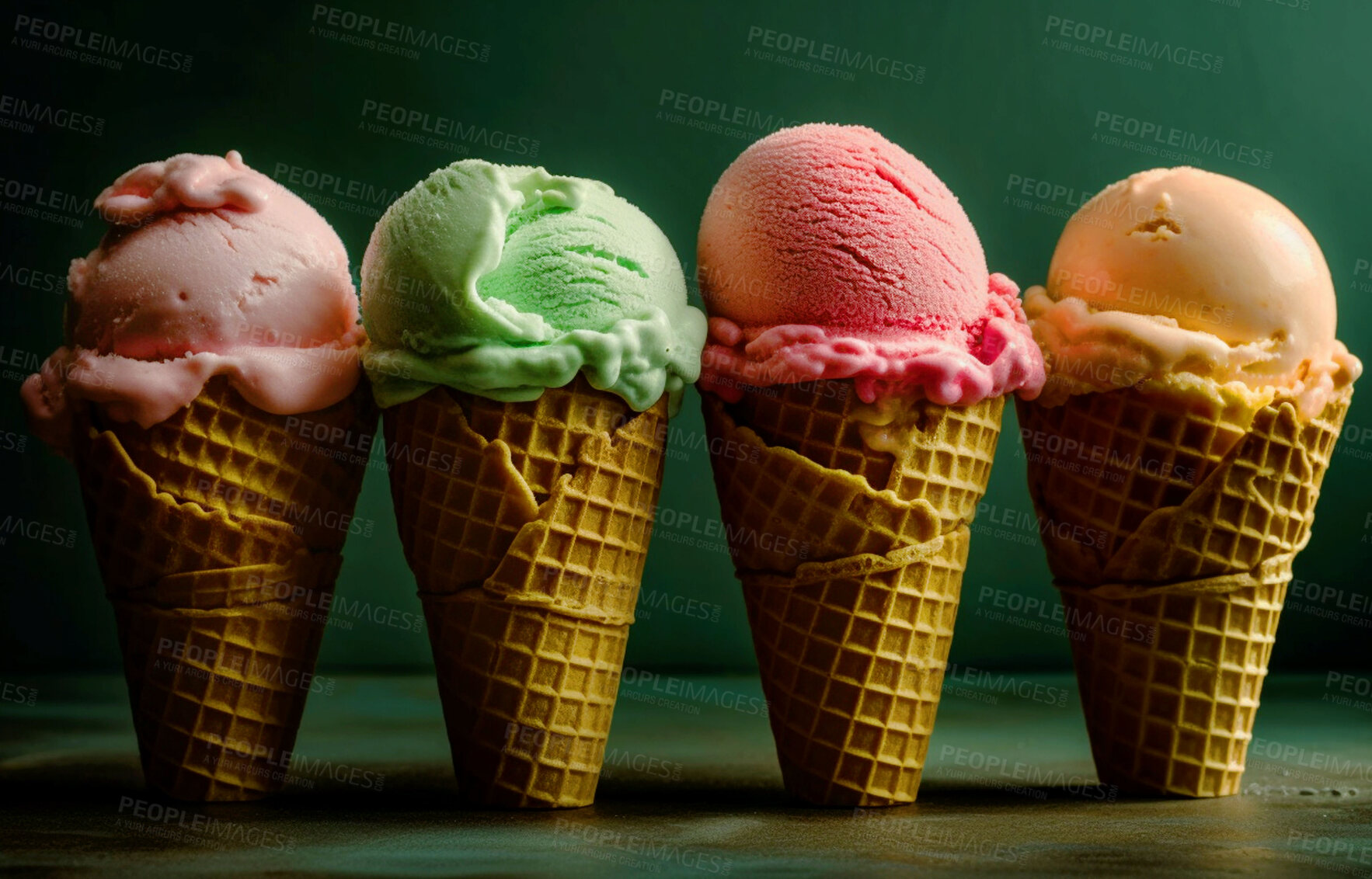 Buy stock photo Summer, dessert and waffle with ice cream on table for nutrition, wellness and diet. Ai generated, sweets and cafe snack with confectionery sorbet on background for gelato, health and food