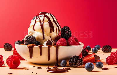 Summer, dessert and restaurant with ice cream on table for nutrition, wellness and diet. Ai generated, sweets and cafe snack with confectionery sorbet on background for gelato, health and food
