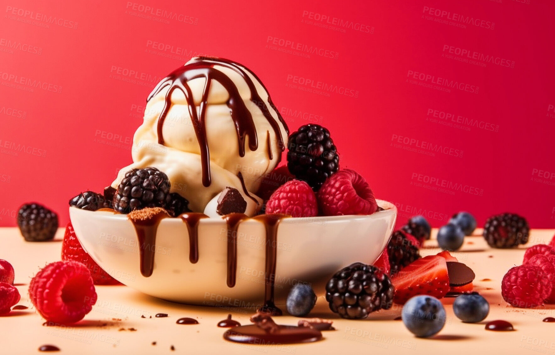 Buy stock photo Summer, dessert and restaurant with ice cream on table for nutrition, wellness and diet. Ai generated, sweets and cafe snack with confectionery sorbet on background for gelato, health and food