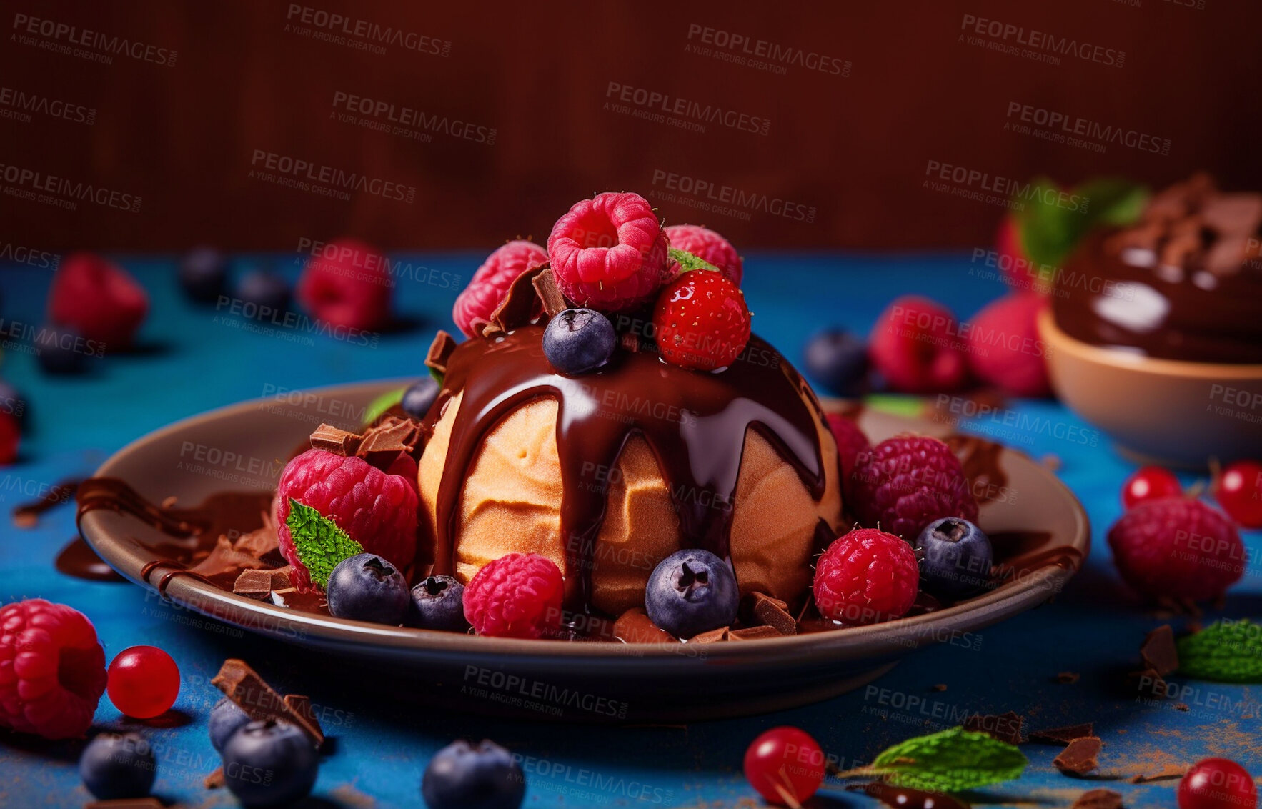 Buy stock photo Summer, dessert and chocolate with ice cream on table for nutrition, wellness and diet. Ai generated, sweets and cafe snack with confectionery sorbet on background for gelato, health and food