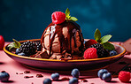 Chocolate, dessert and food with ice cream on table for nutrition, wellness and diet. Ai generated, gelato and sweets snack with confectionery sorbet on background for fruit, health and summer