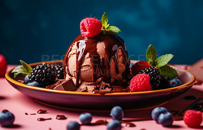 Chocolate, dessert and food with ice cream on table for nutrition, wellness and diet. Ai generated, gelato and sweets snack with confectionery sorbet on background for fruit, health and summer