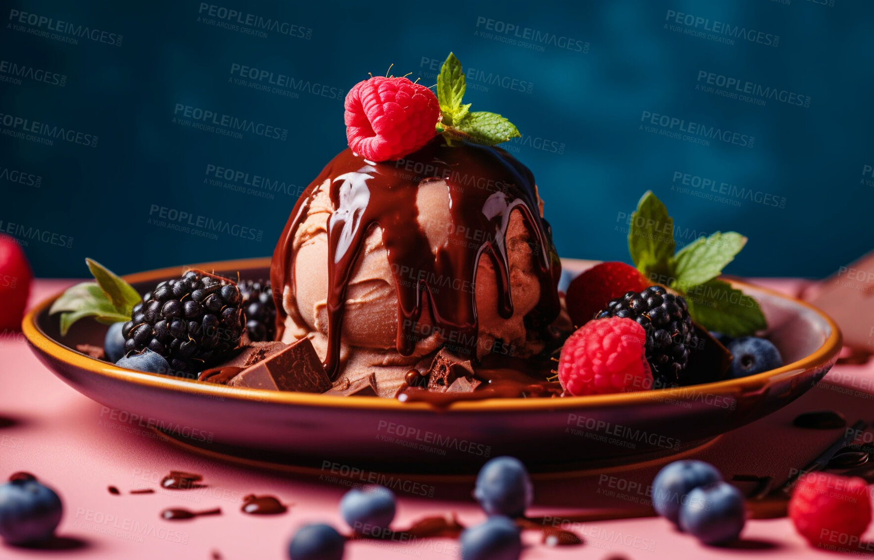 Buy stock photo Chocolate, dessert and food with ice cream on table for nutrition, wellness and diet. Ai generated, gelato and sweets snack with confectionery sorbet on background for fruit, health and summer