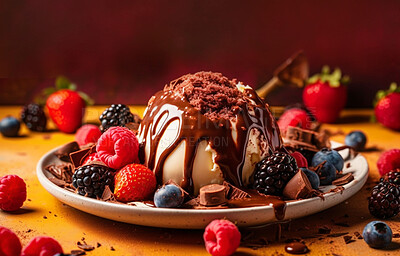 Gelato, dessert and chocolate with ice cream on table for nutrition, wellness and diet. Ai generated, sweets and cafe snack with confectionery sorbet on background for fruit, health and summer food