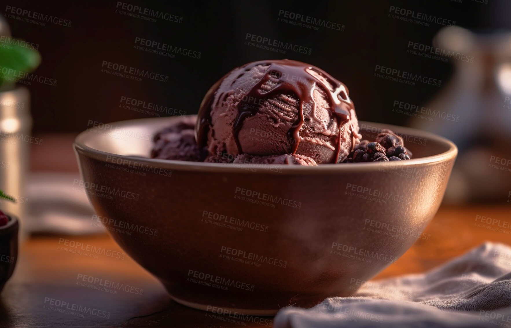 Buy stock photo Sweets, dessert and chocolate with ice cream on table for nutrition, wellness and diet. Ai generated, gelato and cafe snack with confectionery sorbet on background for fruit, health and summer food