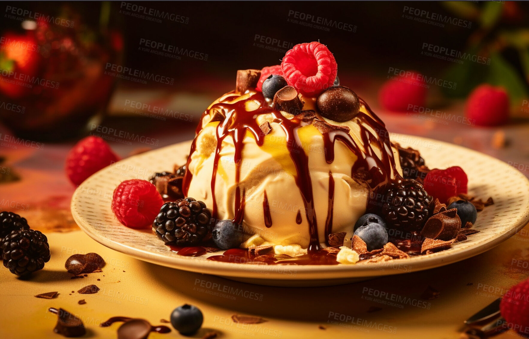 Buy stock photo Fruit, dessert and chocolate with ice cream on table for nutrition, wellness and diet. Ai generated, sweets and cafe snack with confectionery sorbet on background for gelato, health and summer food