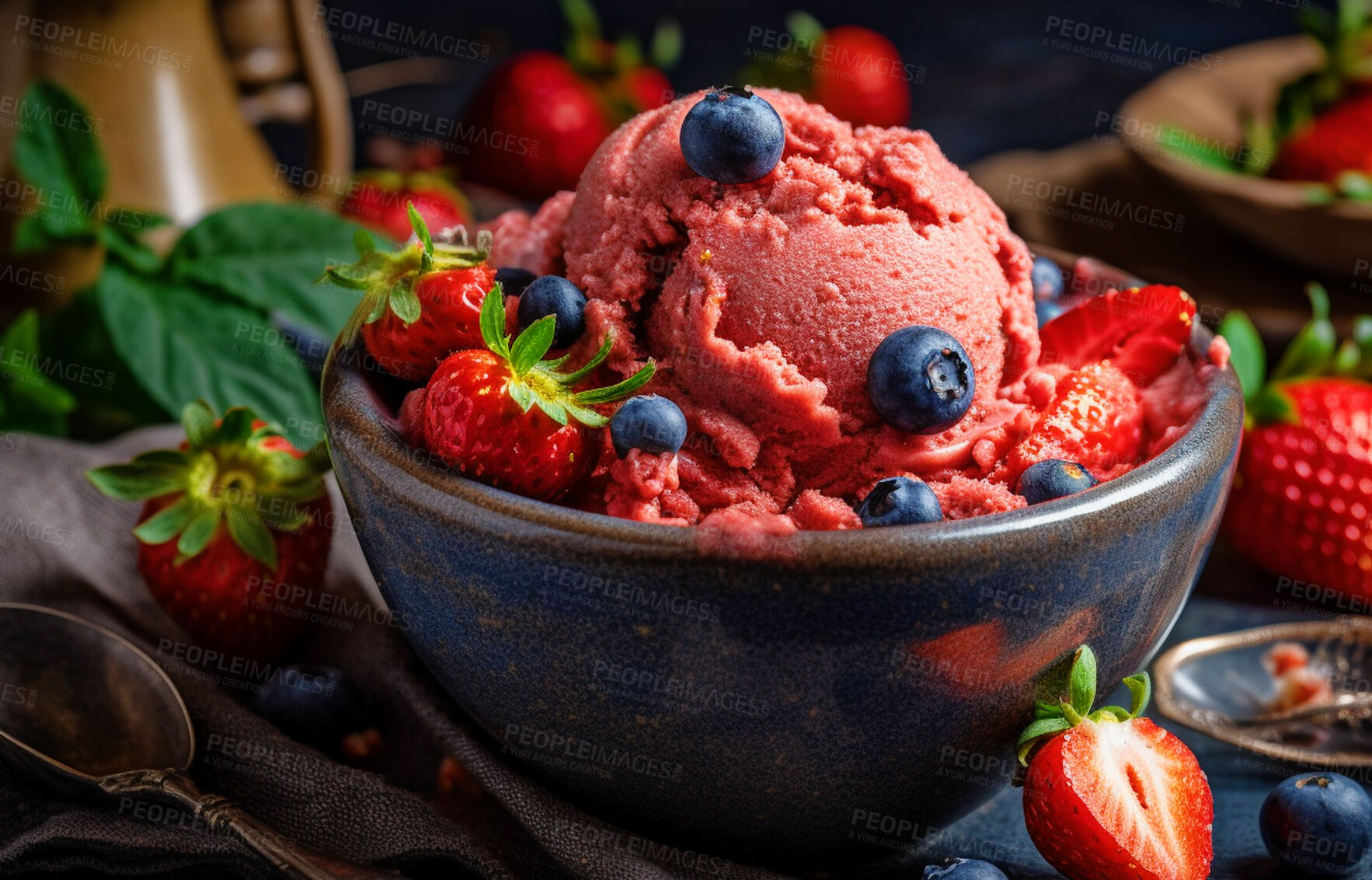 Buy stock photo Sorbet, dessert and fruit with ice cream on table for nutrition, wellness and diet. Ai generated, sweets and cafe snack with confectionery gelato on background for dairy, health and summer food