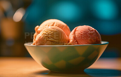 Sweets, dessert and food with ice cream on table for nutrition, wellness and diet. Ai generated, gelato and cafe snack with confectionery sorbet on background for fruit, health and summer treat
