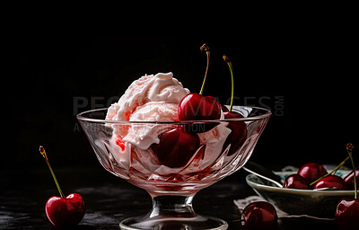 Cherry, dessert and food with ice cream on table for nutrition, wellness and diet. Ai generated, gelato and sweets snack with confectionery sorbet on background for fruit, health and summer