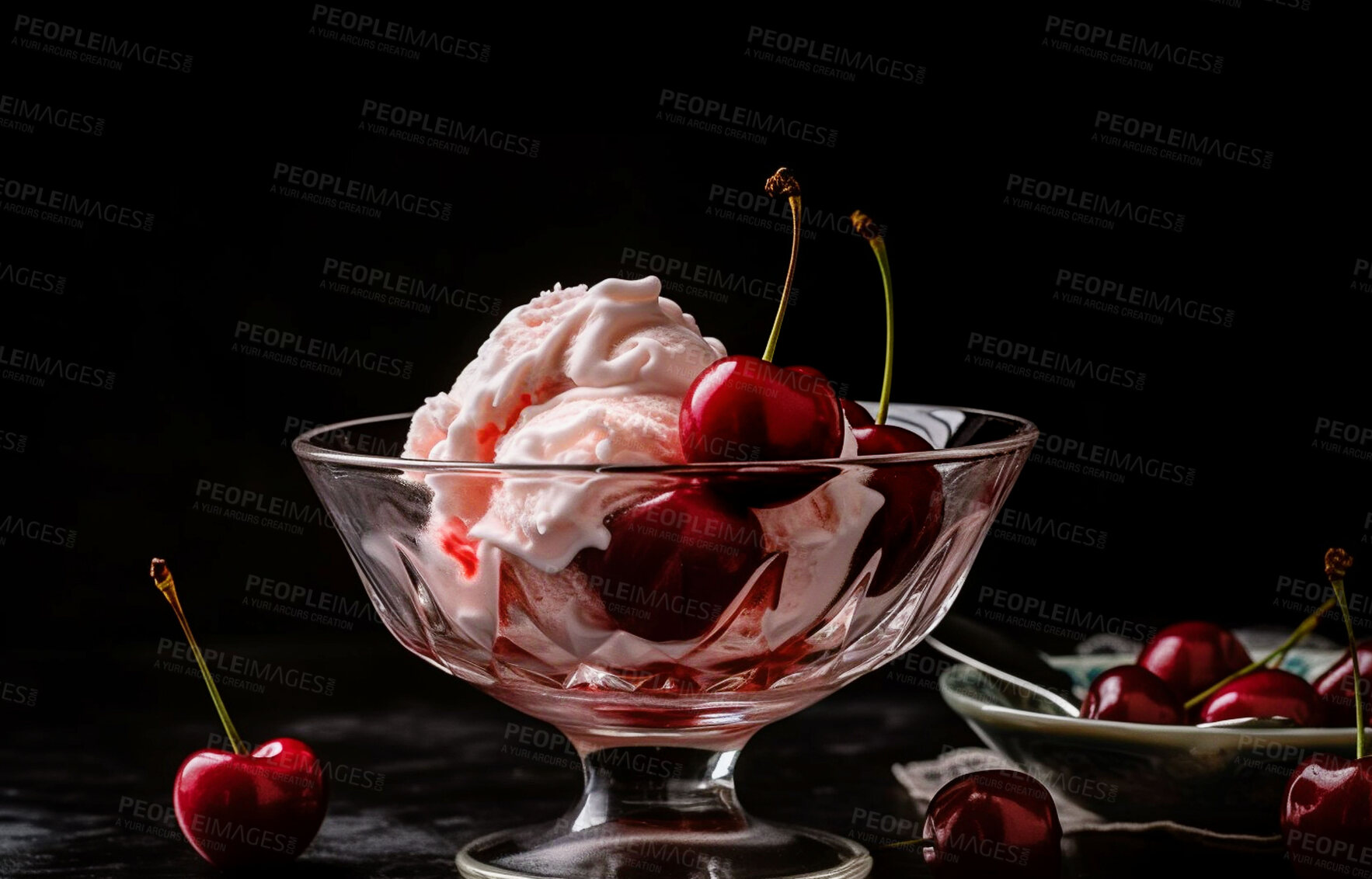 Buy stock photo Cherry, dessert and food with ice cream on table for nutrition, wellness and diet. Ai generated, gelato and sweets snack with confectionery sorbet on background for fruit, health and summer