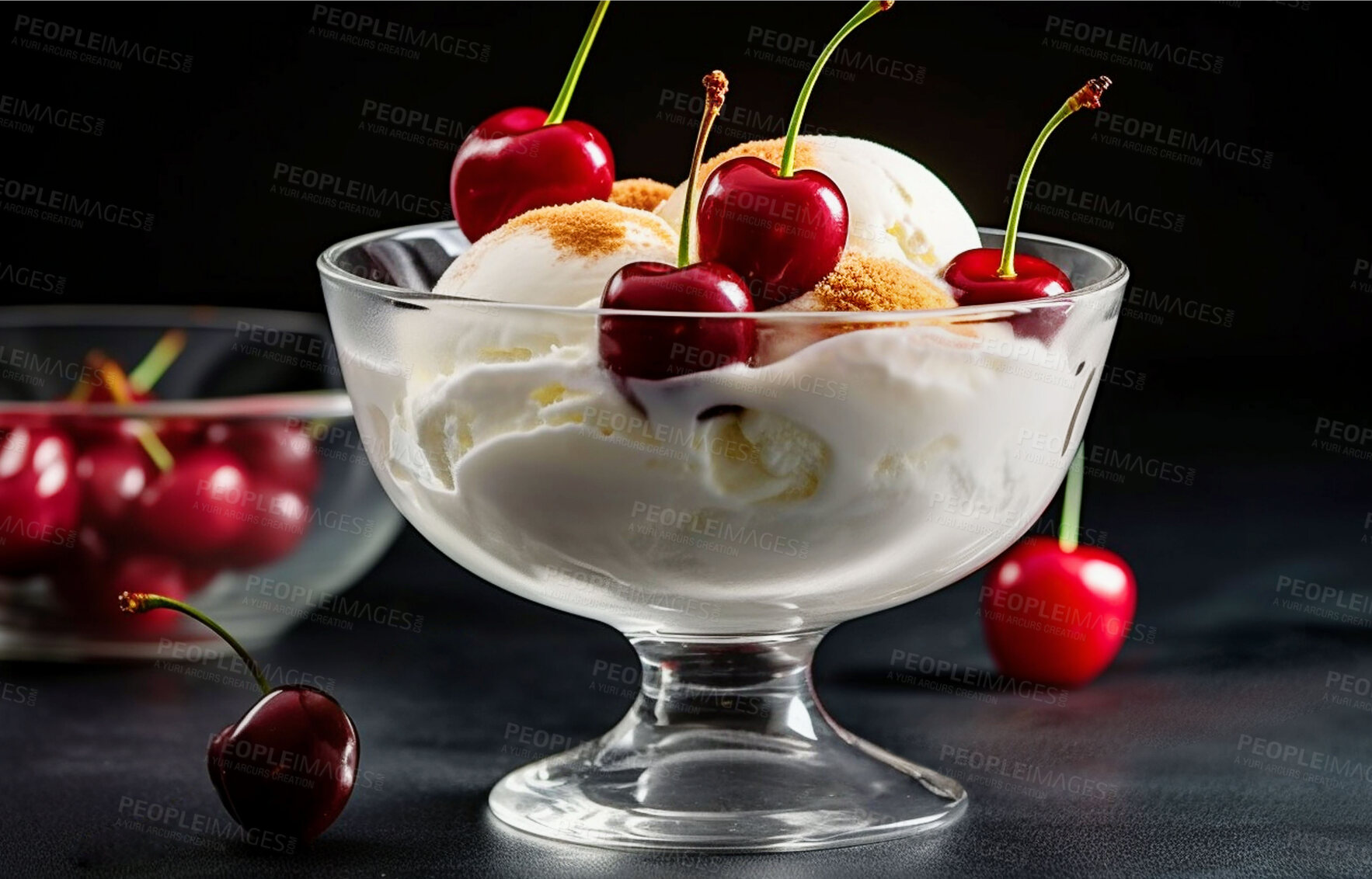 Buy stock photo Cafe, dessert and food with ice cream on table for nutrition, wellness and diet. Ai generated, gelato and sweets snack with confectionery sorbet on background for fruit, health and summer