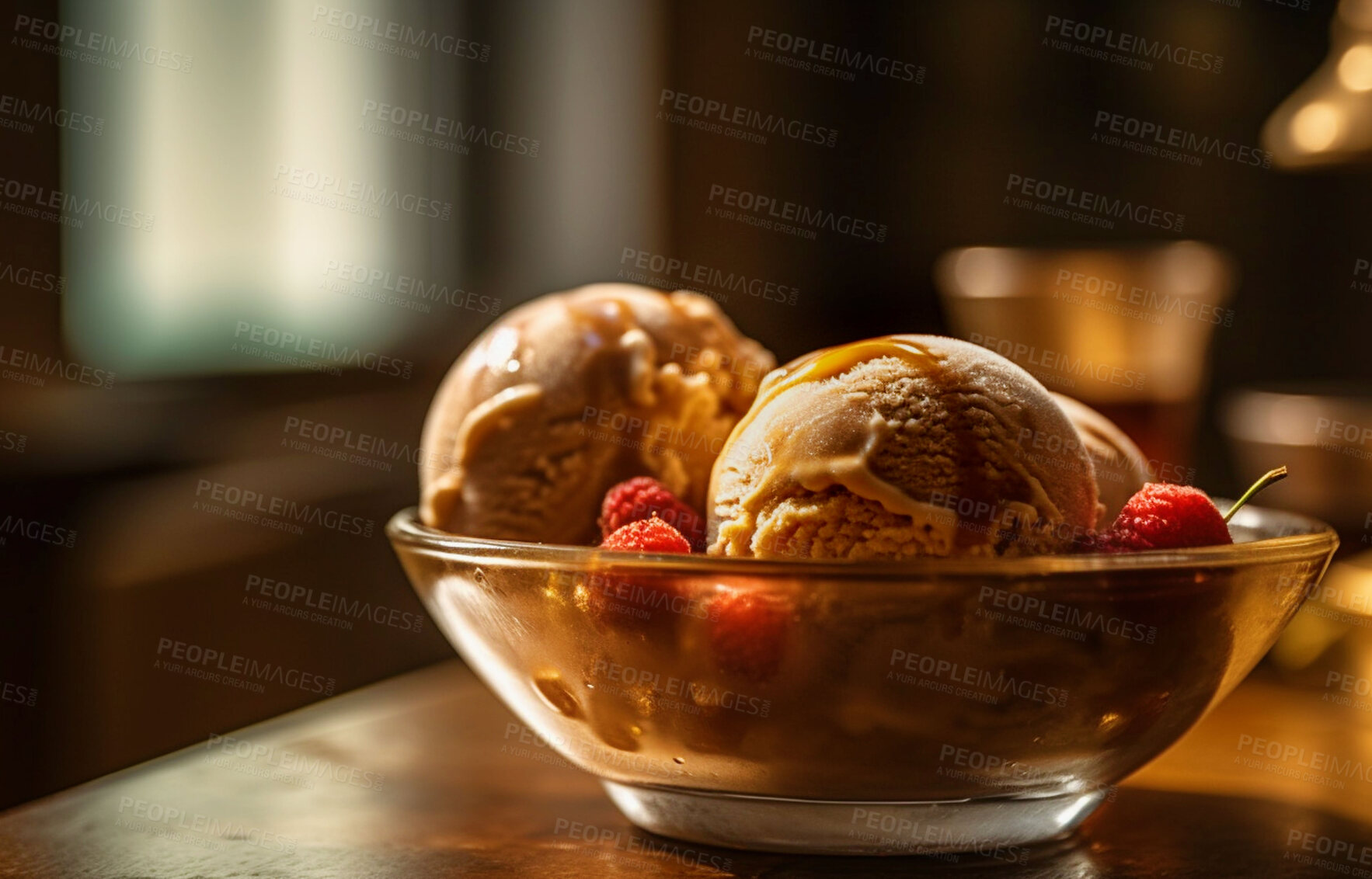 Buy stock photo Restaurant, dessert and food with ice cream on table for nutrition, wellness and diet. Ai generated, gelato and sweets snack with confectionery sorbet on background for fruit, health and summer