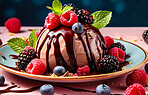 Chocolate, dessert and nutrition with ice cream on table for food, wellness and diet. Ai generated, gelato and sweets snack with confectionery sorbet on background for fruit, health and summer