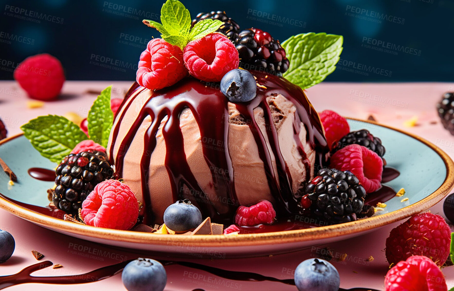 Buy stock photo Chocolate, dessert and nutrition with ice cream on table for food, wellness and diet. Ai generated, gelato and sweets snack with confectionery sorbet on background for fruit, health and summer