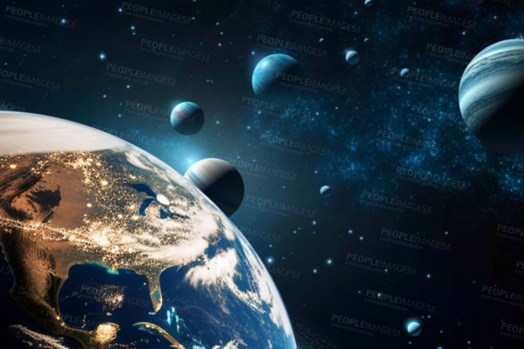 Buy stock photo Earth, surface or closeup in galaxy, universe and space for science research, astrology and planet exploration. Ai generated, astronomy and solar system with world globe, dark sky or night mockup