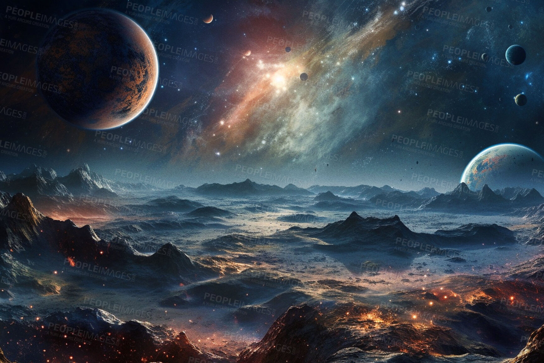 Buy stock photo Moon, space or planets with surface landscape in night universe, galaxy or solar system in armageddon. Ai generated, background or futuristic cosmos in orbit, dark sky or astronomy atmosphere
