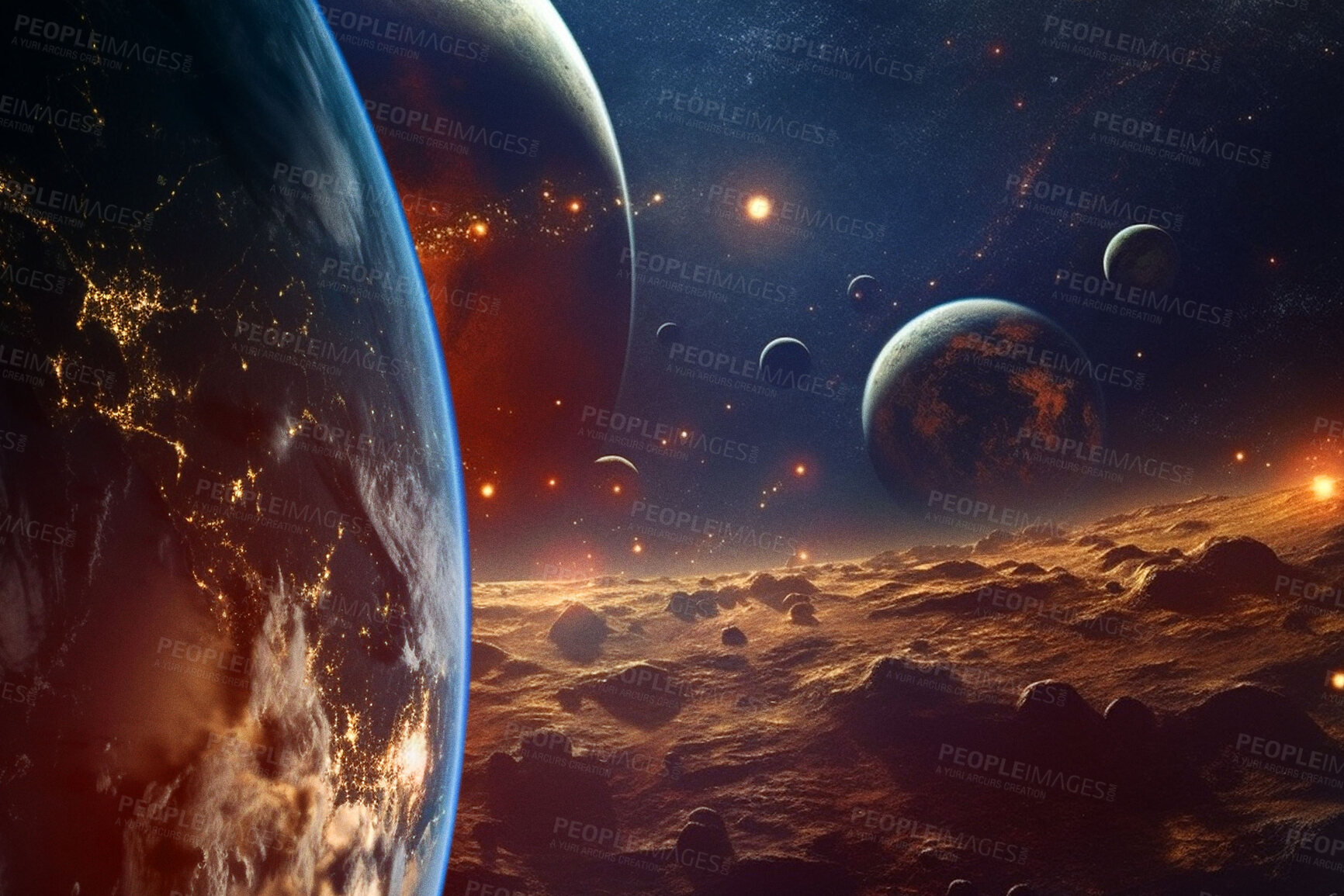 Buy stock photo Earth, space or planets with surface landscape in night universe, galaxy or solar system in armageddon. Ai generated, background or futuristic cosmos in orbit, dark sky or astronomy atmosphere