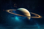 Saturn, surface and world in space, universe and galaxy for science research, astrology and planet exploration. Ai generated, astronomy and solar system with globe, dark sky and night mockup