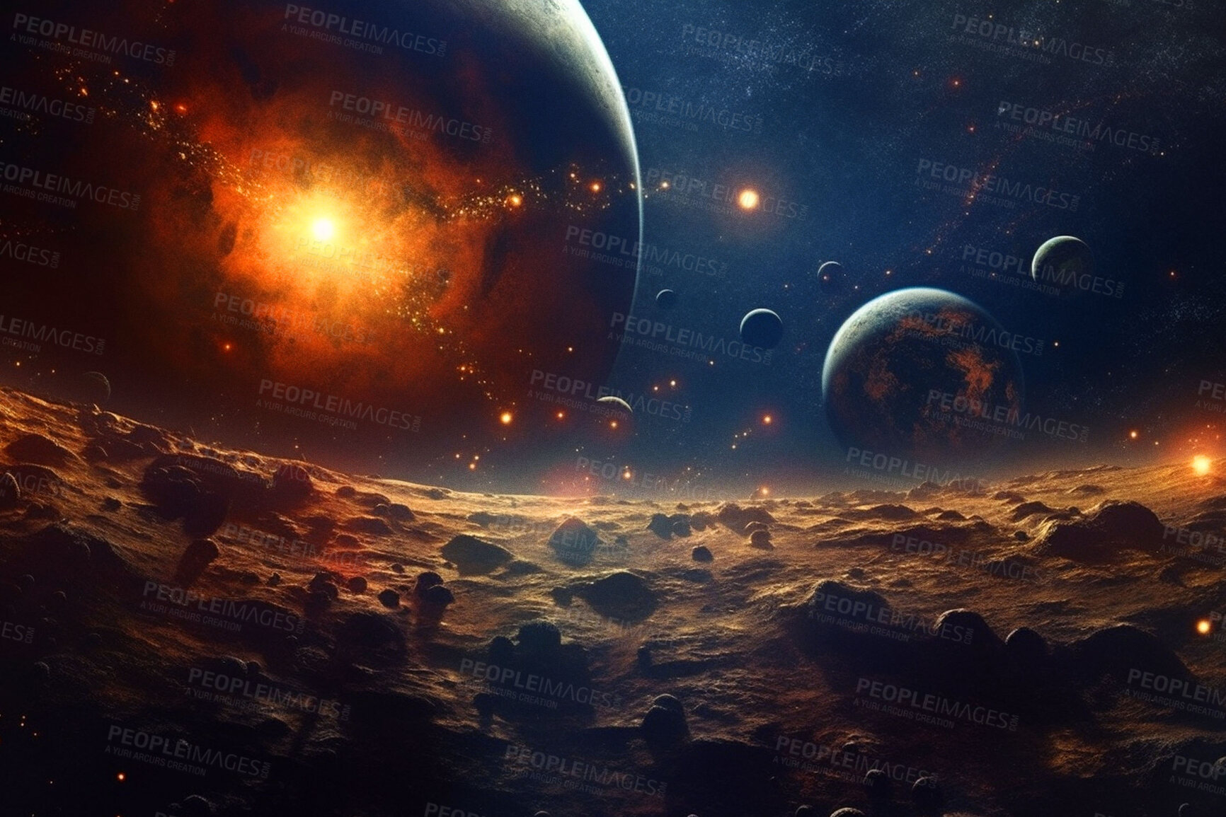 Buy stock photo Moon, space or planets with surface landscape in night universe, galaxy or solar system in armageddon. Ai generated, background or futuristic cosmos in orbit, dark sky or astronomy atmosphere