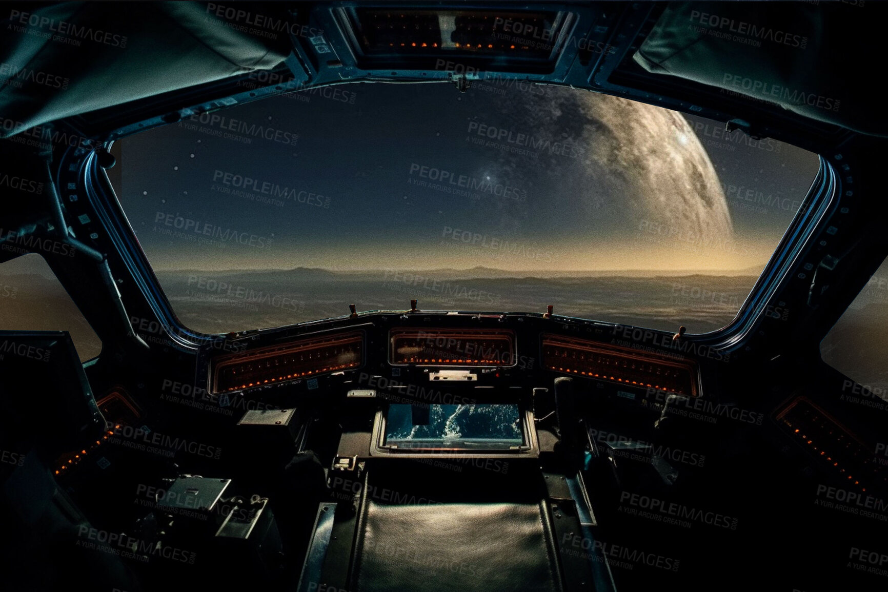 Buy stock photo Shuttle, window and space moon in night armageddon universe, galaxy and solar system in control room. Ai generated, background and futuristic planets in orbit, dark sky and astronomy atmosphere