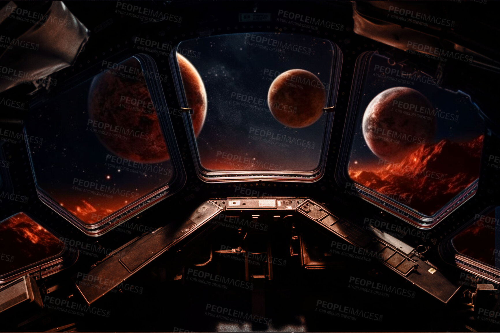 Buy stock photo Shuttle, window and space planets in night armageddon universe, galaxy and solar system in control room. Ai generated, background and futuristic cosmos in orbit, dark sky and astronomy atmosphere