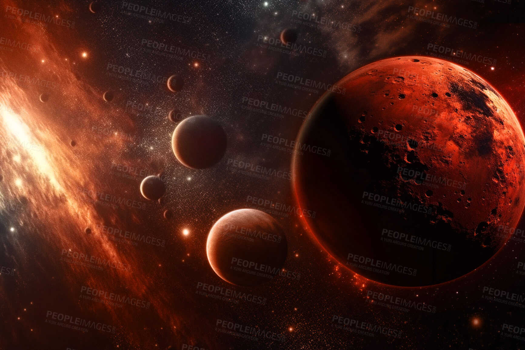 Buy stock photo Space, planets and armageddon in night universe, galaxy and solar system with earth, mars and pluto. Ai generated, background and futuristic cosmos in orbit, dark sky and astronomy atmosphere