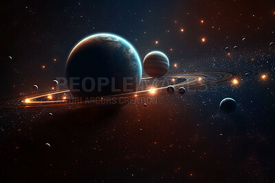 Buy stock photo Space, planets and orbit ring in solar system, universe and galaxy with neptune, mars and pluto. Ai generated, background and futuristic cosmos in night, dark sky and astronomy atmosphere