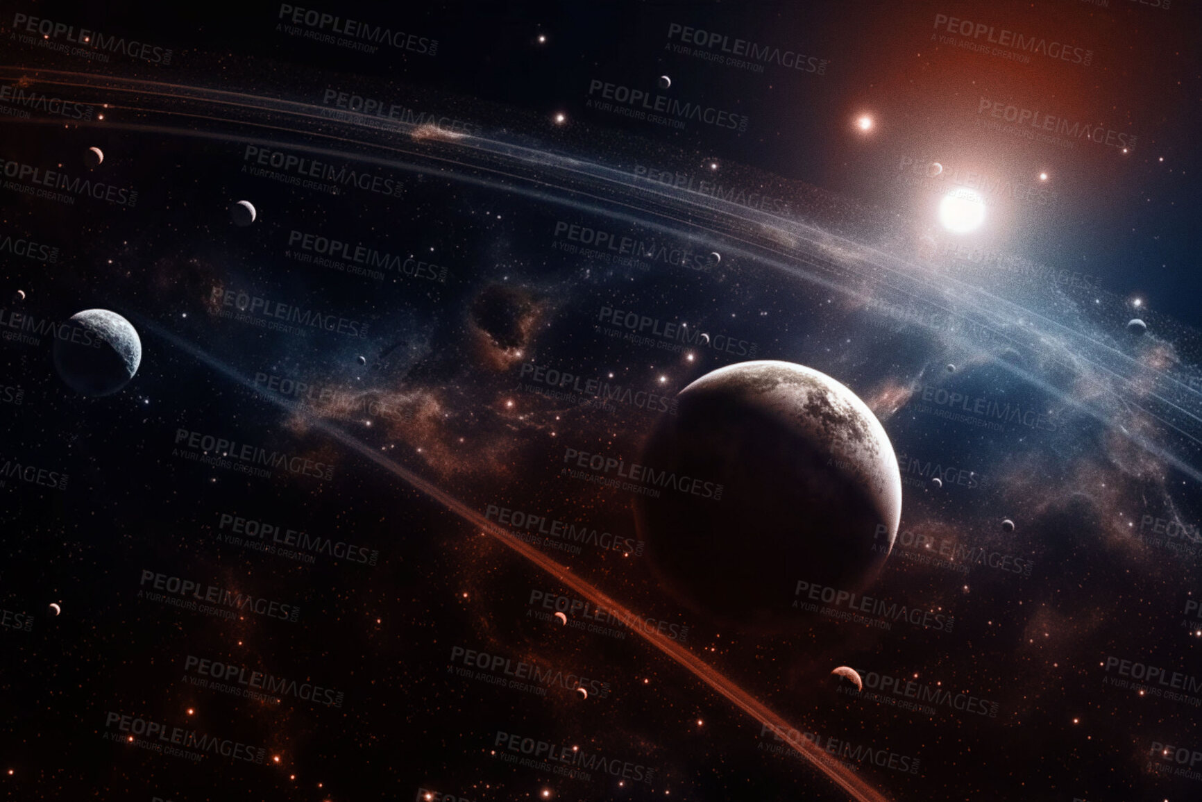 Buy stock photo Space, planets and orbit ring in universe, galaxy and solar system with neptune, mars and pluto. Ai generated, background and futuristic cosmos in night, dark sky and astronomy atmosphere