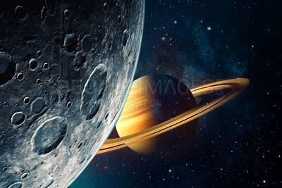 Moon, surface and saturn view in space, universe and galaxy for science research, astrology and planet exploration. Ai generated crater, astronomy or solar system with world, dark sky or night mockup